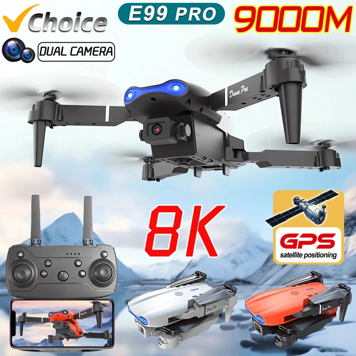 NM59489 E99 Pro Drone 4K Professional 8K Dual Camera 5G Wi-Fi FPV UAV Aerial Photography RC Foldable Quadcopter Toys - Black, Orange & Gray