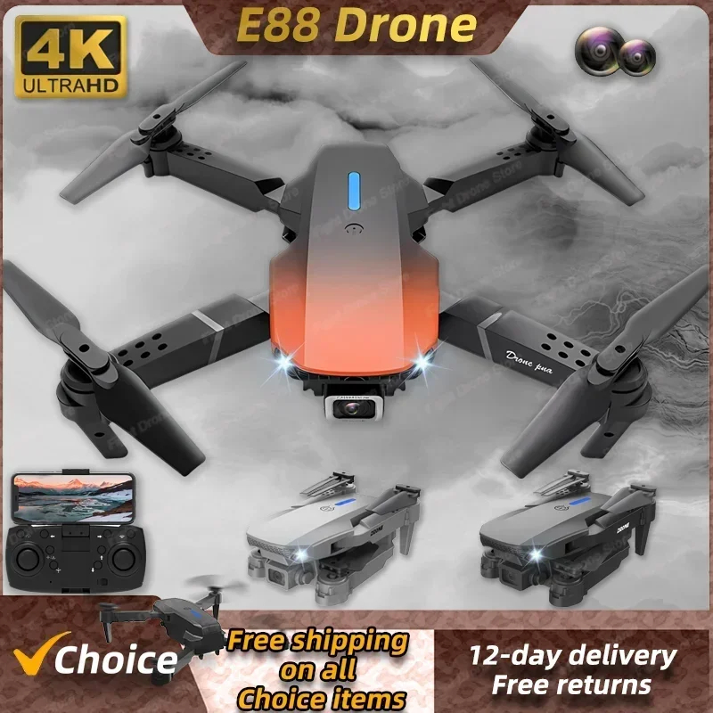 NM59548 E88 Pro Wi-Fi FPV RC Drone 4K HD Professional with 1080P Wide Angle Dual Camera Foldable RC Helicopter - Black & White