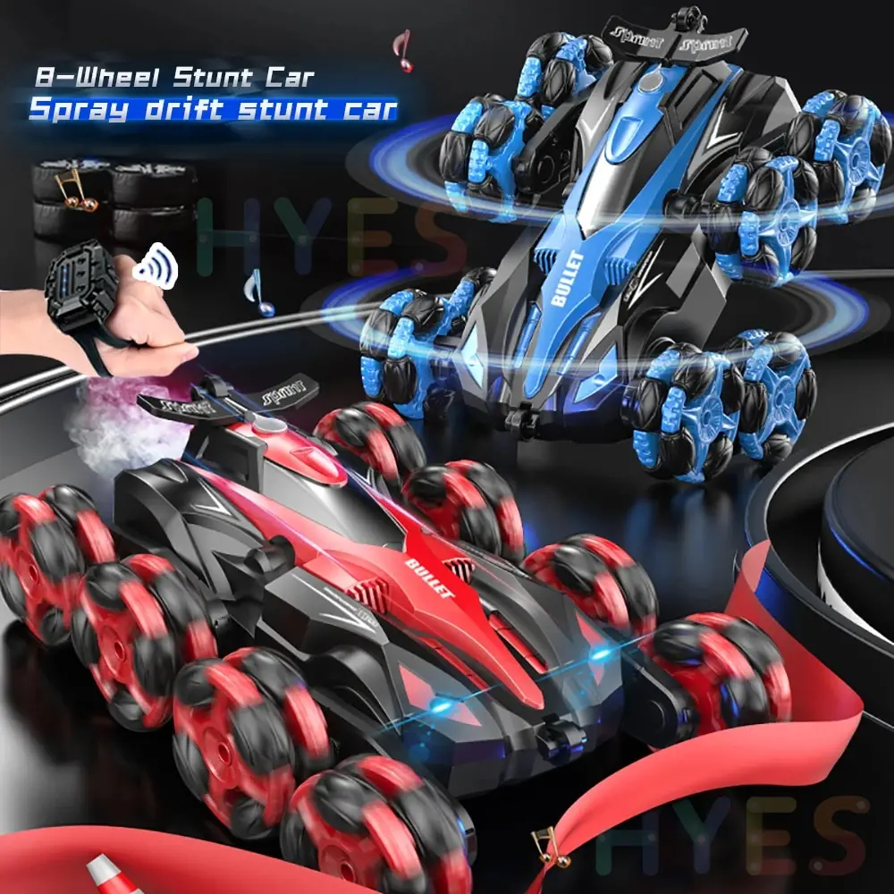 Eight Wheels RC Car Toys 2.4G Trendy Spray Twisting Flips Watch Remote Control Drift Stunt Car Toy Gifts for Children Adults - Blue, Green & Red