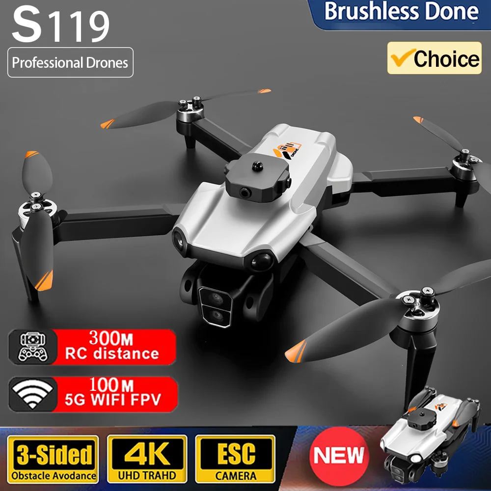 NM59478 4K HD Dual Camera Drone Brushless Obstacle Avoidance Quadcopter FPV Optical Streaming RC Airplane 5G Folding Kids Toys - Black & White