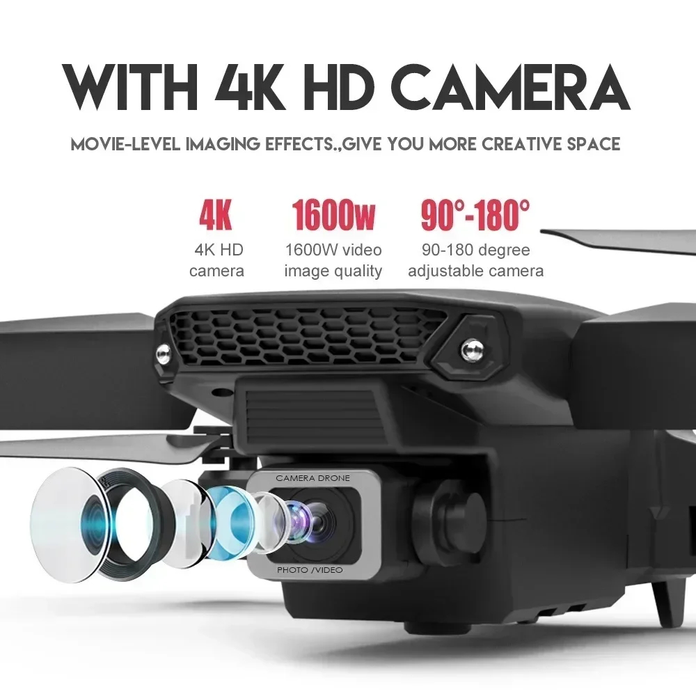 NM59468 E88 Pro RC Drone 4K Wi-Fi FPV Height Hold Professional with 1080P Wide Angle Dual HD Camera Foldable RC Helicopter - Black & White