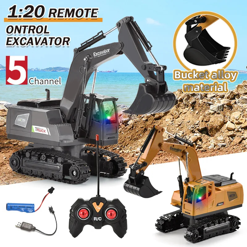 NM59594 Channels 1-20 RC Trucks Remote Control Excavator Alloy Bucket Electric Light Music Crawler Construction Vehicle Toy Boy