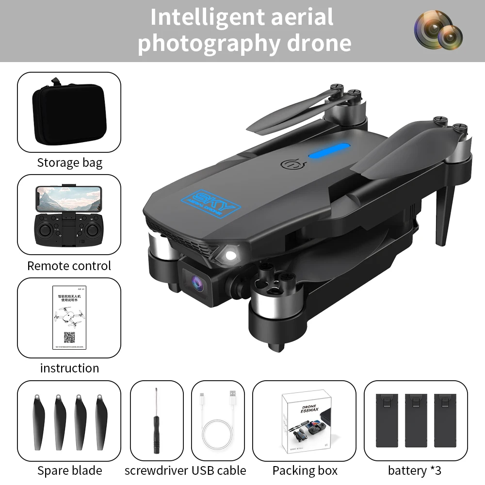 NM59890 Quadcopter E88 Max Drone HD 4K 1080P Camera Remote Control Drone Helicopter Quadcopter RC Airplane Foldable Kids Gifts Toys -  UNO1RC
