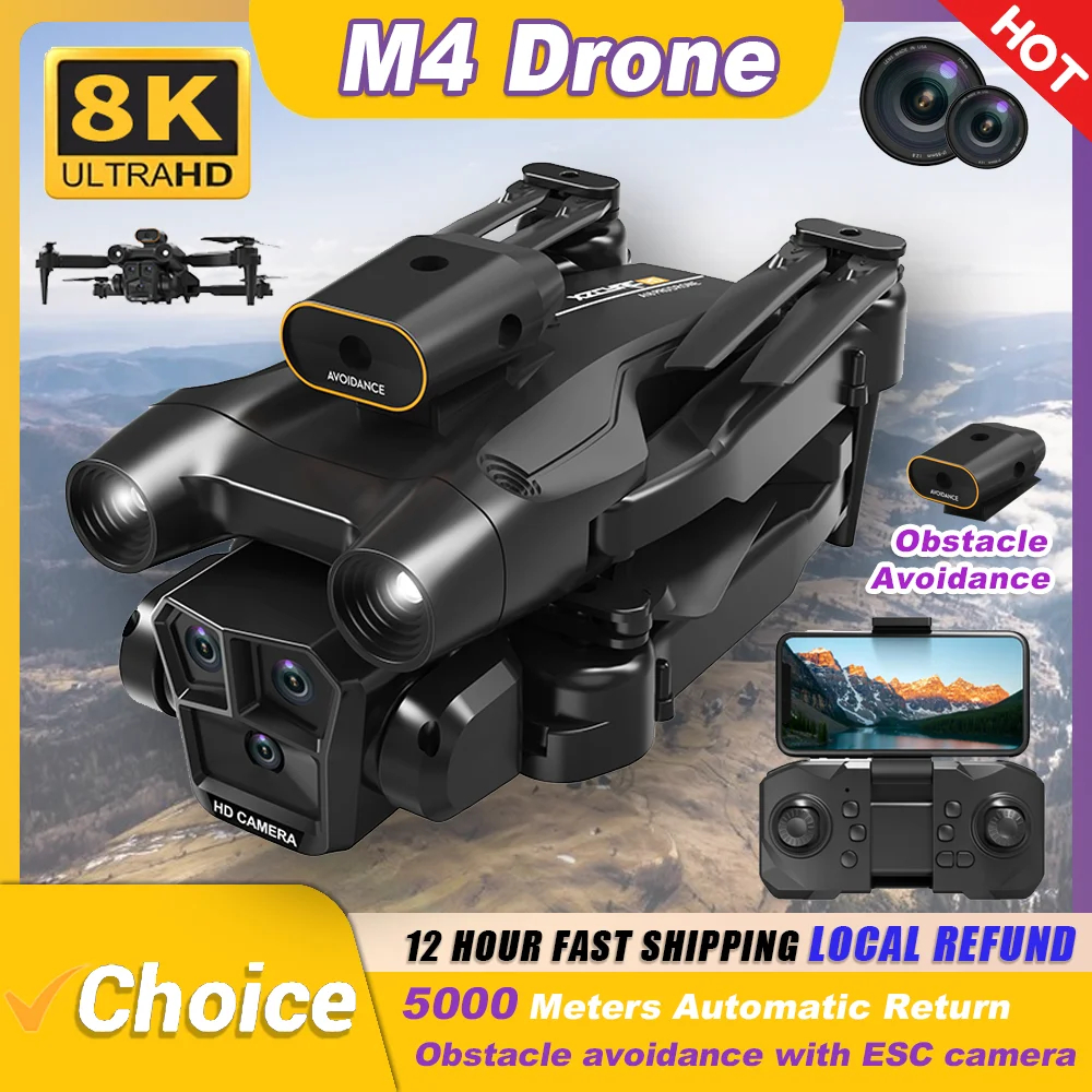 NM60090 New M4 RC Drone 4K Professional with Wide Angle Triple HD Camera Foldable RC Helicopter Wi-Fi FPV Height Hold Apron