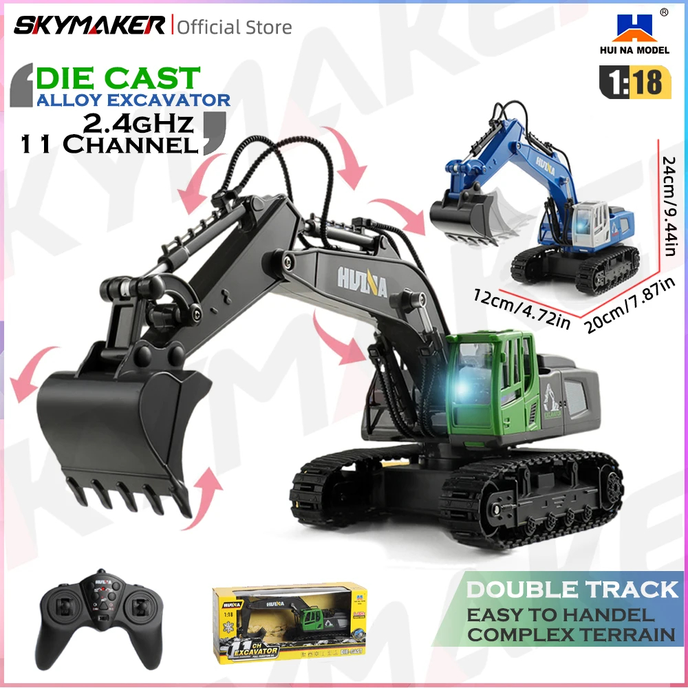 NM60554 1 by 18 RC Excavator 11 Channel 2.4G Remote Control Alloy Digging Bucket LED Light Excavator Model RC Truck Toys Gift for Boys