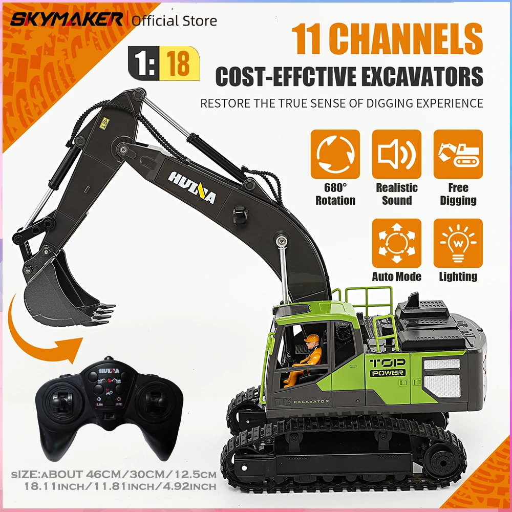 NM61084 1 by 18 RC Excavator Alloy 11 Channel 2.4G Remote Control Alloy Digging Bucket LED Light Model RC Truck Toys Gift for Boy
