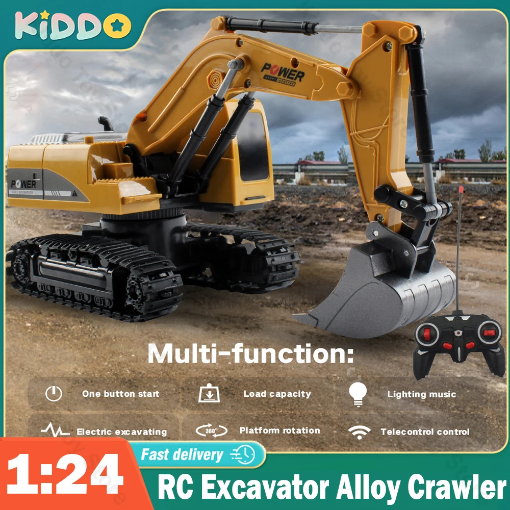 NM58723 RC Excavator Alloy Crawler Remote Control Four-Wheel Drive 6CH Lighting Sound Effect One-Button Demonstration Toys Gifts - Yellow
