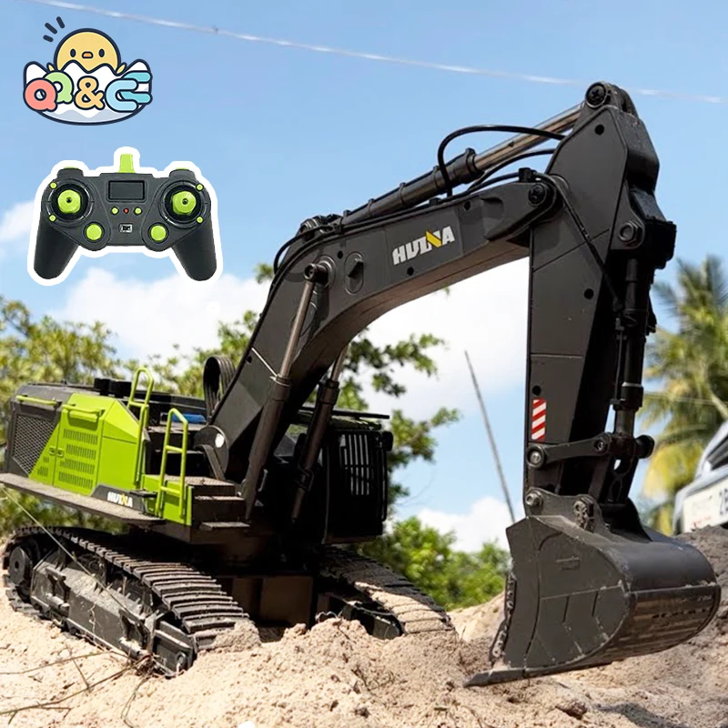 NM62168 593 1-14 RC Alloy Excavator 22CH Big RC Trucks Simulation Excavator Remote Control Track Engineering Vehicle Toy for Boy - Green & Black