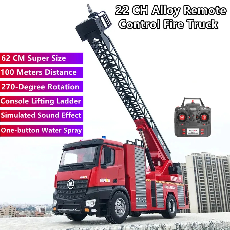 NM62543 Alloy Remote Control Fire Truck 40Mins Simulation Sound Effect Lighting 270 Deg Rotating Ladder Lifting RC Truck Kid Toy
