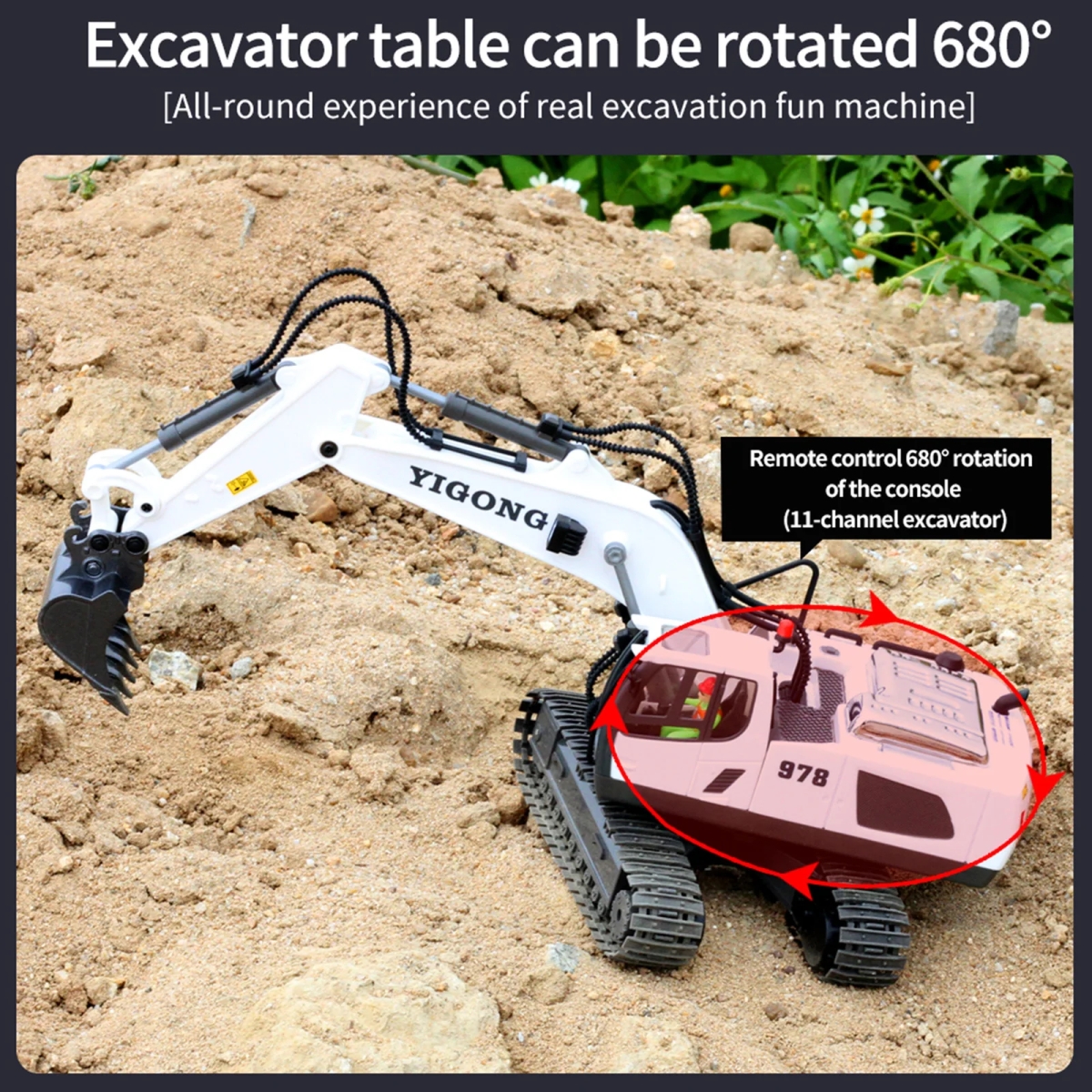 NM60129 Control Excavator 1 by 20 11 Channel Diecast RC Digger Tractor Toy with LED Sound USB Rechargeable for Children