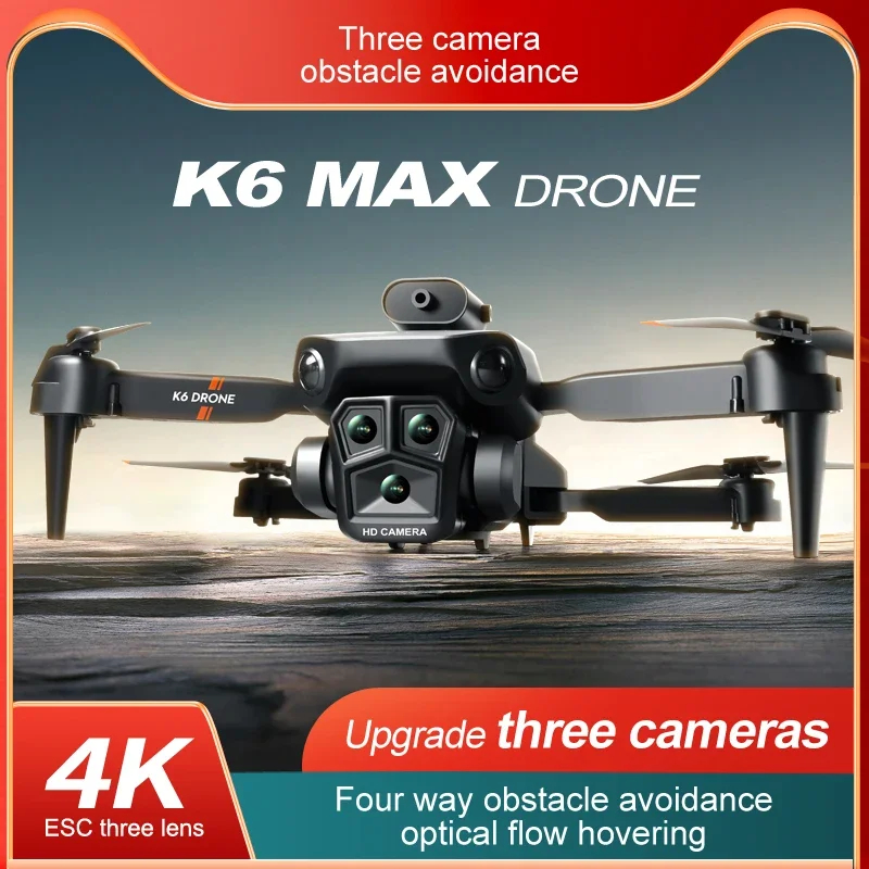 K6Max Mini Drone 4K Professional Three Cameras Wide Angle Optical Flow Localization Four-way Obstacle Avoidance RC Quadcopter - Black & Orange