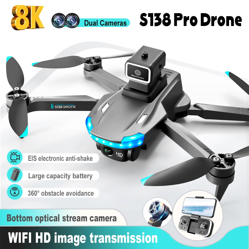 NM59013 8K GPS Drone Dual Camera Wi-Fi Obstacle Avoidance RC Aircraft Optical Flow Localization EIS Anti-shake Brushless Drone - Black & White