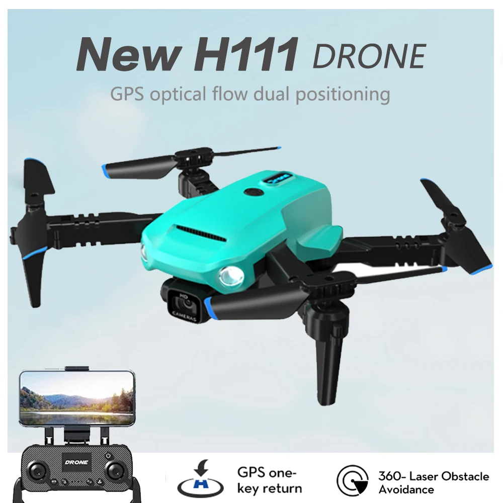 H111 Drone 5G Wi-Fi FPV 360 Deg Laser Obstacle Avoidance Brushless Motor GPS Return 4K HD Dual Camera RC Quadcopter Drone Toys - Green & Orange