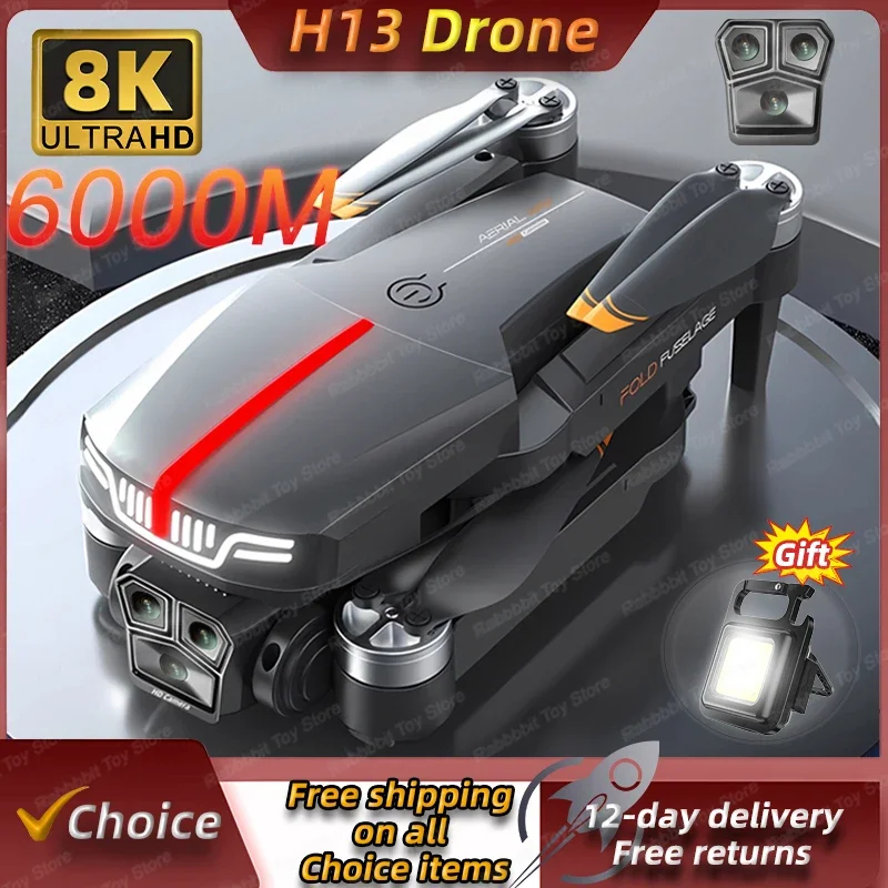 NM60258 H13 Drone 8K HD 4K TripleCamera Optical Flow Localization Aerial Brushless RC Foldable Quadcopter 6KM with Keychain Light