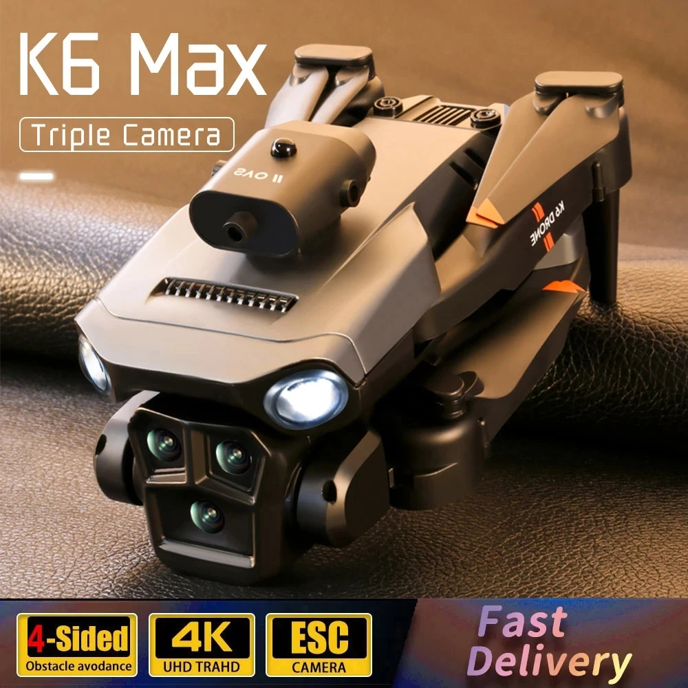 NM60309 K6 Drone 4K HD ESC Three Camera Wi-Fi FPV Obstacle Avoidance Optical Flow Folding Quadcopter RC Drone Childrens Toy - Gray & Orange