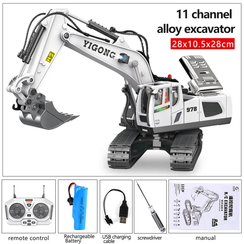 NM61097   Remote Control Excavator 1 by 20 11 Channel Diecast RC Digger Tractor with LED Sound USB Rechargeable for Children Gift