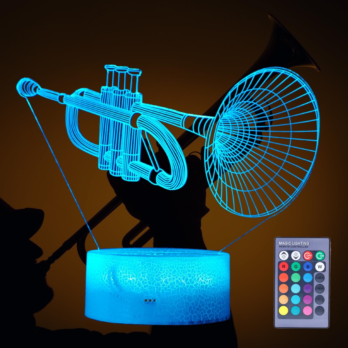 Picture of A-Sonic XS68308 Night Light&#44; Trumpet Gifts&#44; 3D Illusion Lamp with 16 Colors Changing - Remote Control & Dimmable - Kids Boys Girls Room Decoration - Holiday Xmas Gifts