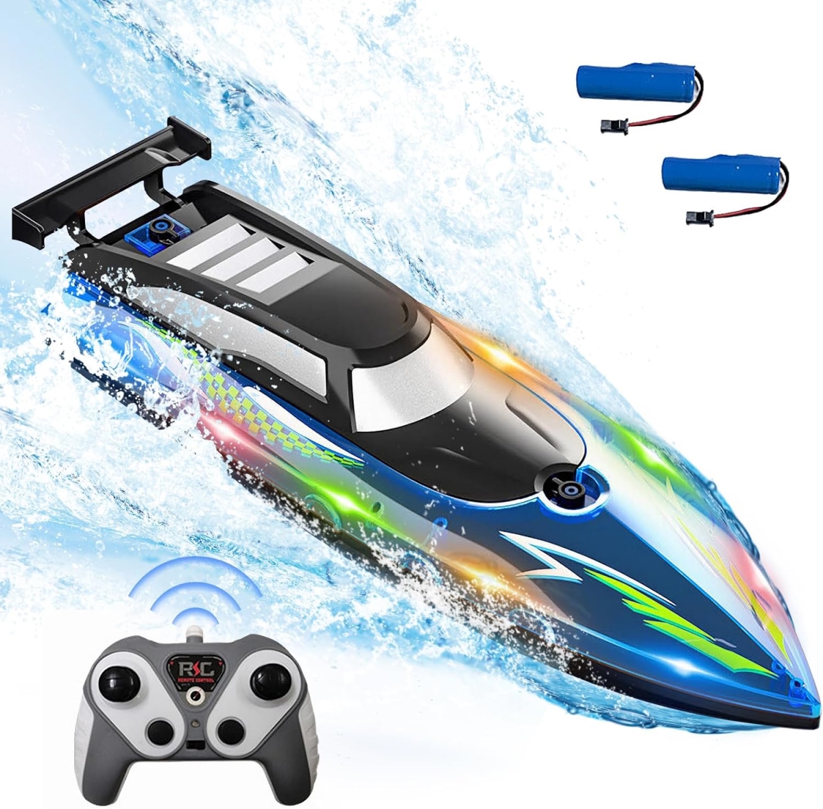 Picture of A-Sonic XS69241 Control Boat for Pools & Lakes&#44; 2.4 GHZ Self Righting Fast RC Boat with LED for Kids 4-7 8-12 & Adults&#44; Toy Boat with 2 Rechargeable Battery&#44; Waterproof Anti-Collision - Blue