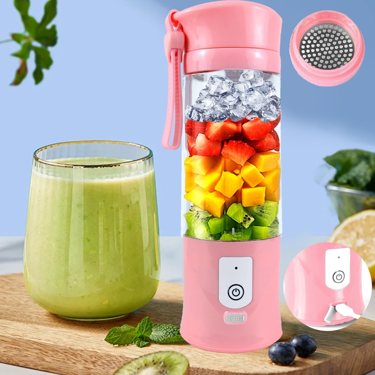 Picture of A-Sonic XS69326 Blender for Smoothies & Shakes - 13 oz Cordless Personal Small Blender&#44; USB-C Rechargeable & Self Cleaning - Mini Travel Juicer Cup with Stainless Steel Serrated 6 Blade