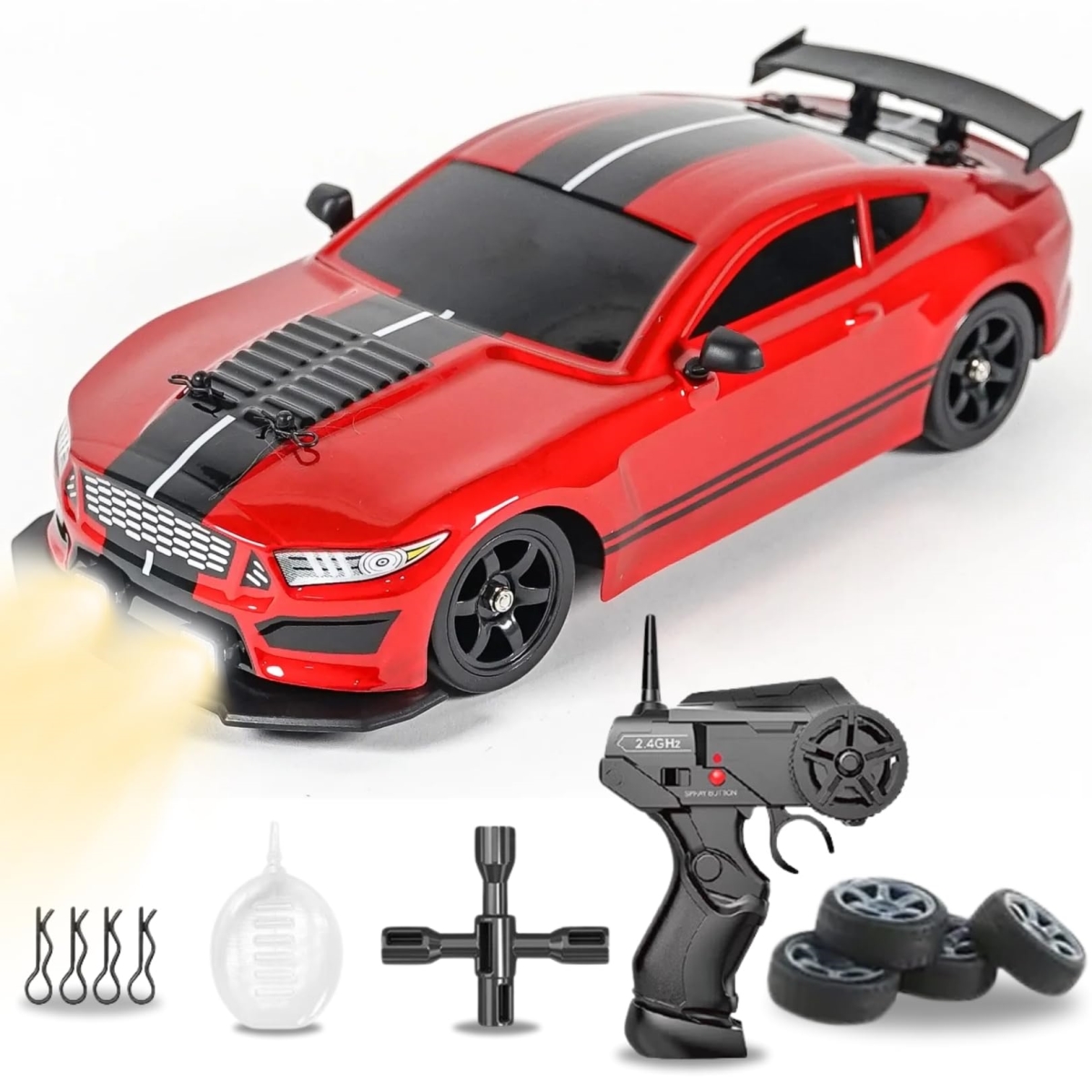 Imports RC Drifting Car - 1-16 Scale 2.4GHz 4WD Remote Control Sport Racing On-Road Vehicle with LED Light, Batteries & Drifting Tires - Red
