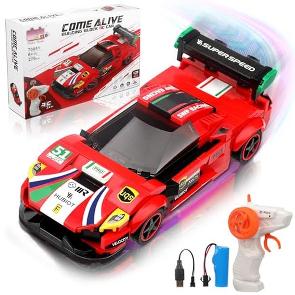 XS70142 Remote Control Racing Car Building Toy Kit for 6-10 Year Old Boys Girls - 306 Piece RC Car Building Block Set - Red