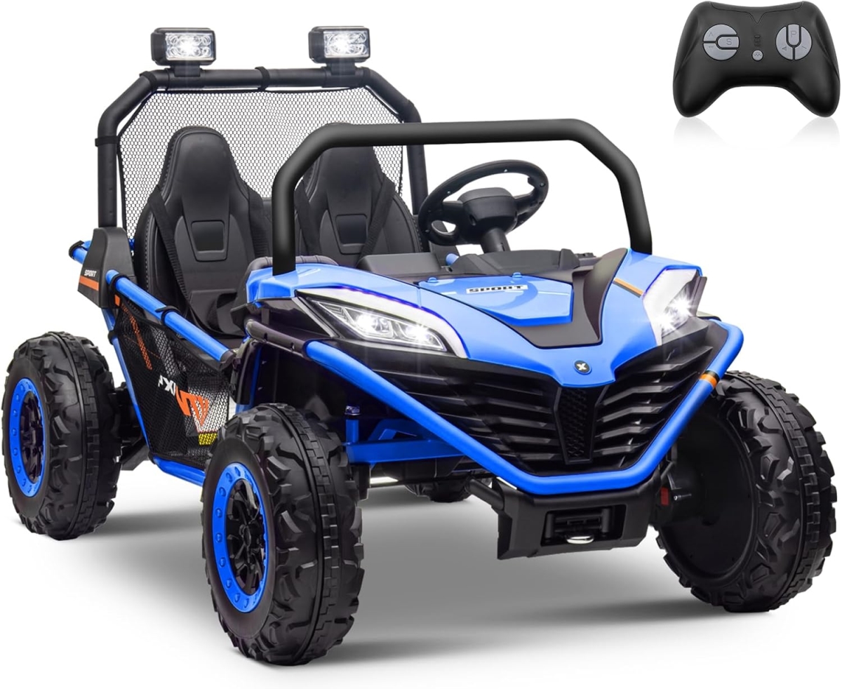 XS-73182 24V 4WD 10 AH Ride-On Car Truck, 2 Seater Electric Car UTV for Kids with Metal Frame - Remote Control - Bluetooth, Blue