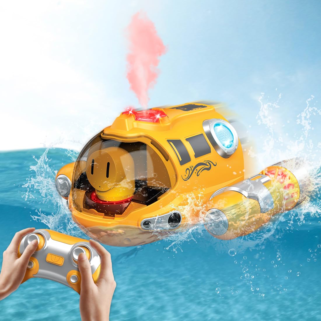 Picture of A-Sonic XS68324 Control Boat Toys - 2.4Ghz RC Spray Steamer with LED Lights - Electric Boat Toys for Pool & Lake Water - Christmas RC Boat Toys for 6 7 8 9 10 Years Old Kids Boys & Girls&#44; Yellow