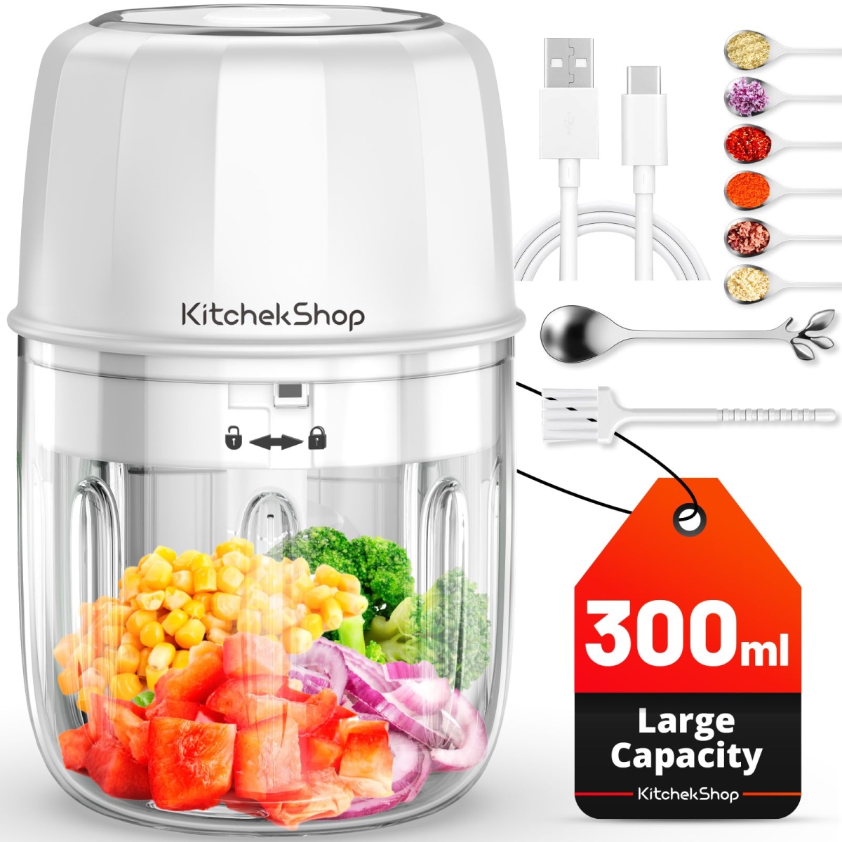 Picture of A-Sonic XS68620 Garlic Chopper - 300 ml Portable Cordless Mini Food Processor - Rechargeable Vegetable Chopper Blender for Nuts Chili Onion Minced Meat & Spices BPA-Free&#44; White