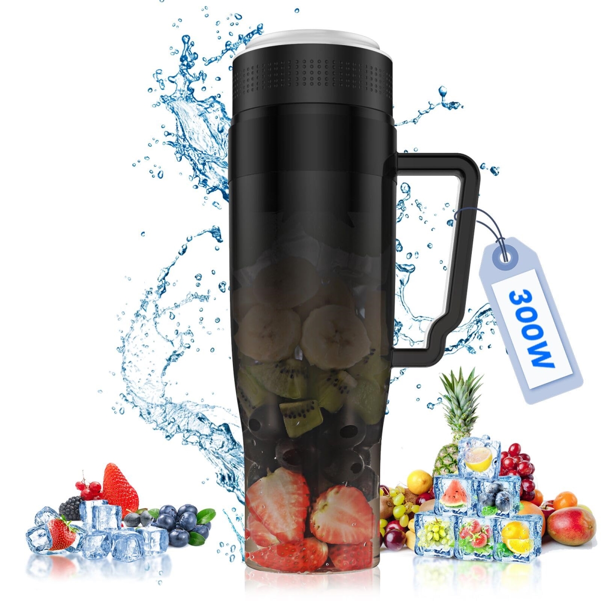 Picture of A-Sonic XS68716 300W Portable Blender - 22 oz Personal Blender for Shakes & Smoothies - 6-Blade BPA-Free Design - USB Rechargeable - Juicer with Handle & Straw Lid&#44; Black
