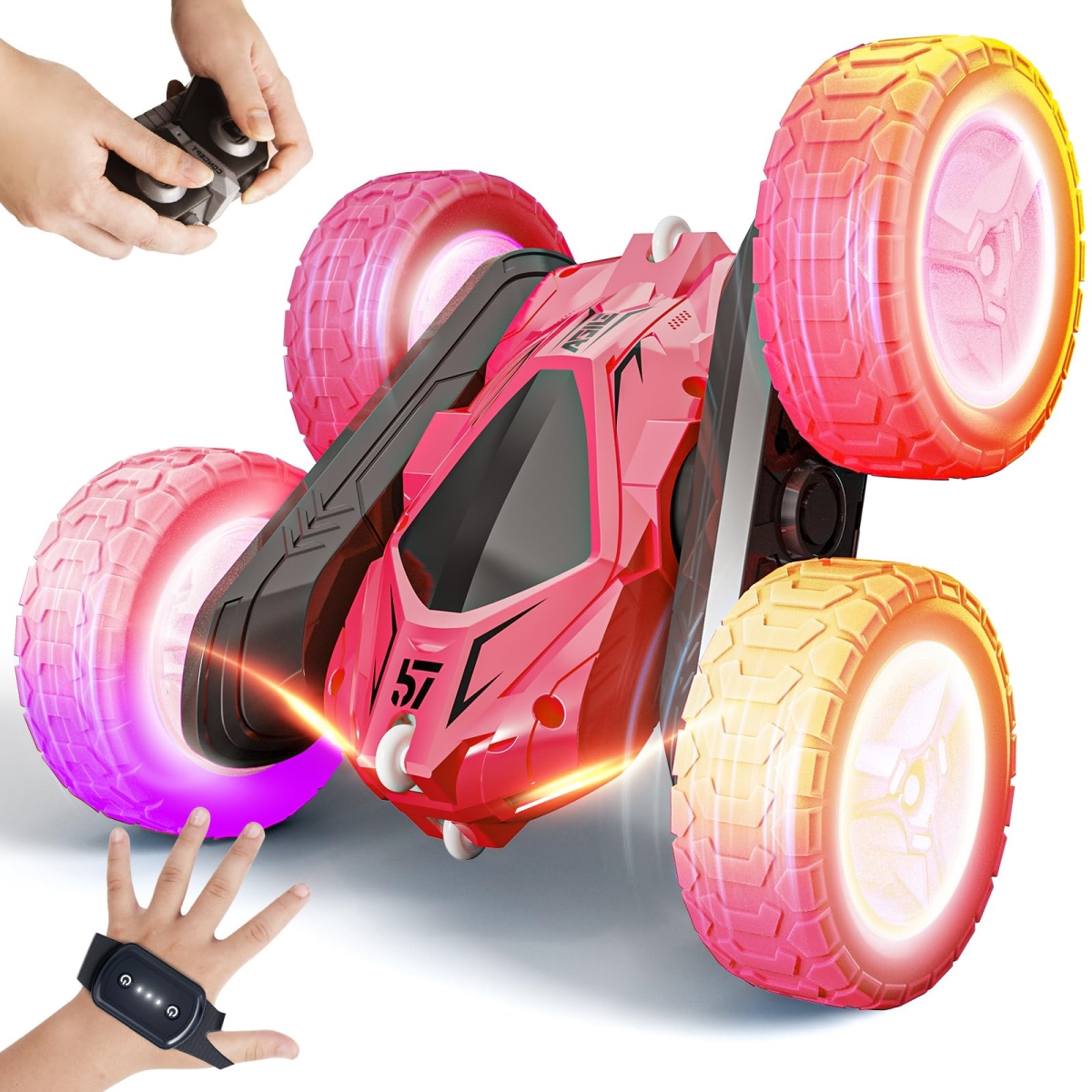 Double Sided 360 deg Rotating Remote Control Car Toys - Gesture Sensing RC Stunt Car with Headlights Wheel Lights - Ideal Gifts for Boys Girls