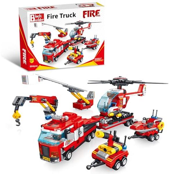 XS69831 Rescue Truck Building Block Set - Includes Five Attachments & a Rescue Helicopter - Building Blocks for Kids & Adults - 646 Piece