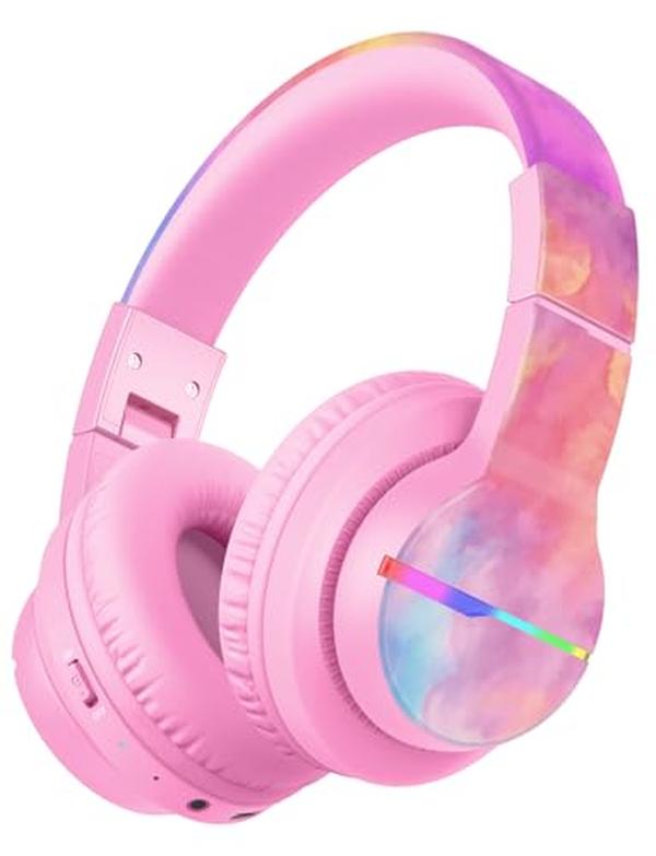 Picture of A-Sonic XS69983 BTH12 Kids Bluetooth Headphones&#44; Colorful LED Lights Wireless - 74-85dBA Safe Volume - 85H Playtime - Bluetooth 5.2 - Over Ear Headphones Built-in Mic for iPad & Tablet - Pink