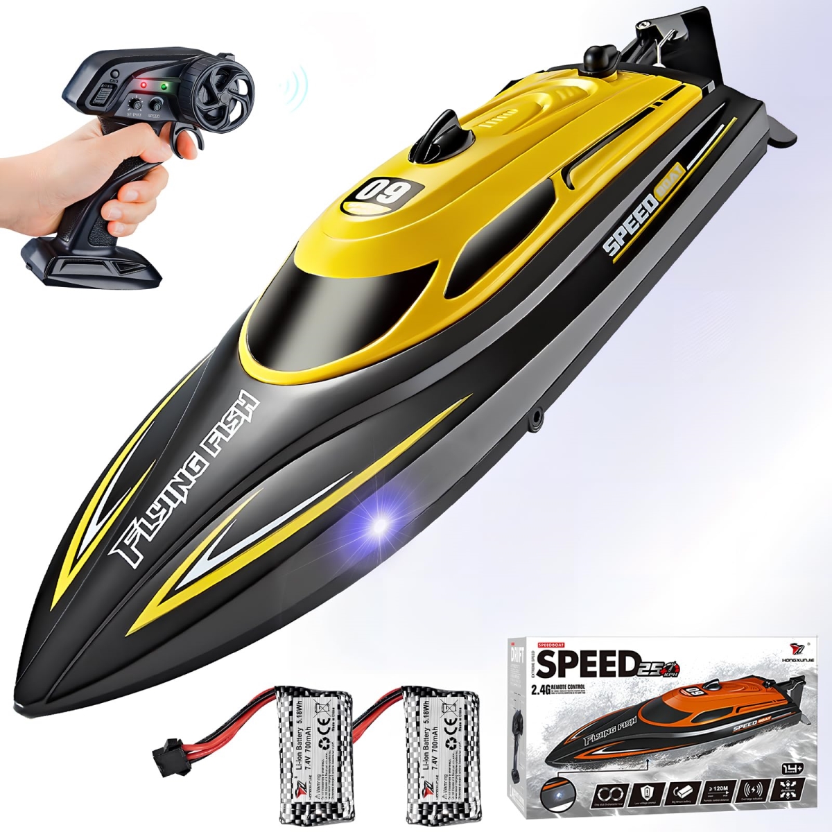 Boat with 2 Rechargeable Battery - 20 Plus MPH Fast Remote Control Boat for Pools & Lakes - 2.4G RC Boats Pool Toys for Adults & Kid, 812-Yellow -  A-Sonic, XS70381