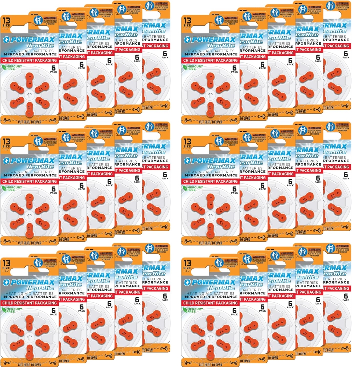 XS70442 Size 13 Hearing Aid Batteries - 180 Count Long-Lasting Battery Pack - Orange Long Tab for Easy Change
