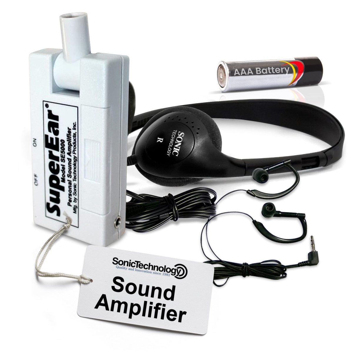 Picture of A-Sonic XS71406 Model SE5000 Personal Sound Amplifier - PSAP - 50dB Gain - Hand Held Pocket Size Audio Amplifier with Headphones - EarBuds - Tactile On & Off Volume Control for Adults