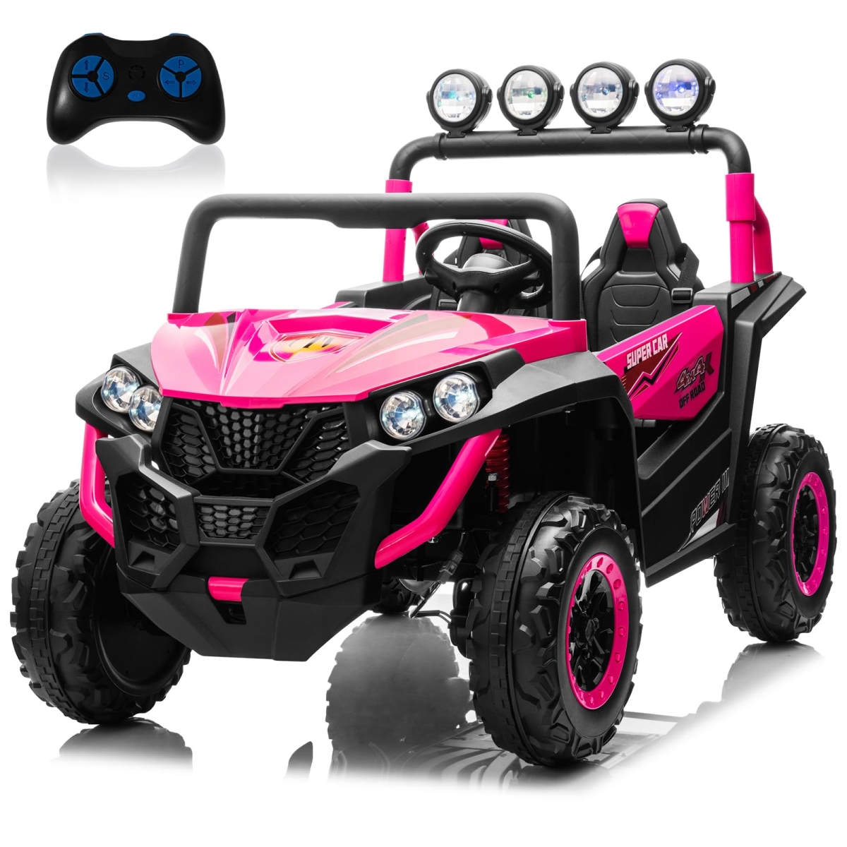 24V 2 Seater Ride-On Car for Kids - 4WD Electric Cars Vehicles for Kids 3-8 Years with Remote Control - Bright LED Light - Bluetooth Music - Pink