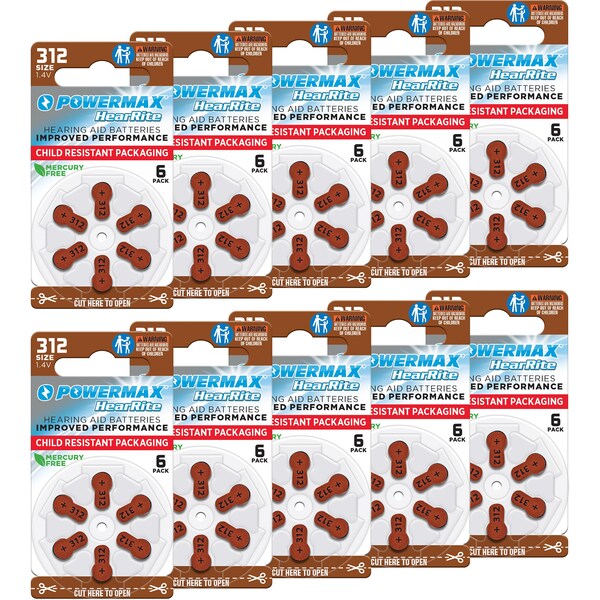 XS68060 Size 312 Hearing Aid Batteries - Long-Lasting Battery Pack - Brown Long Tab for Easy Change - 60 Count