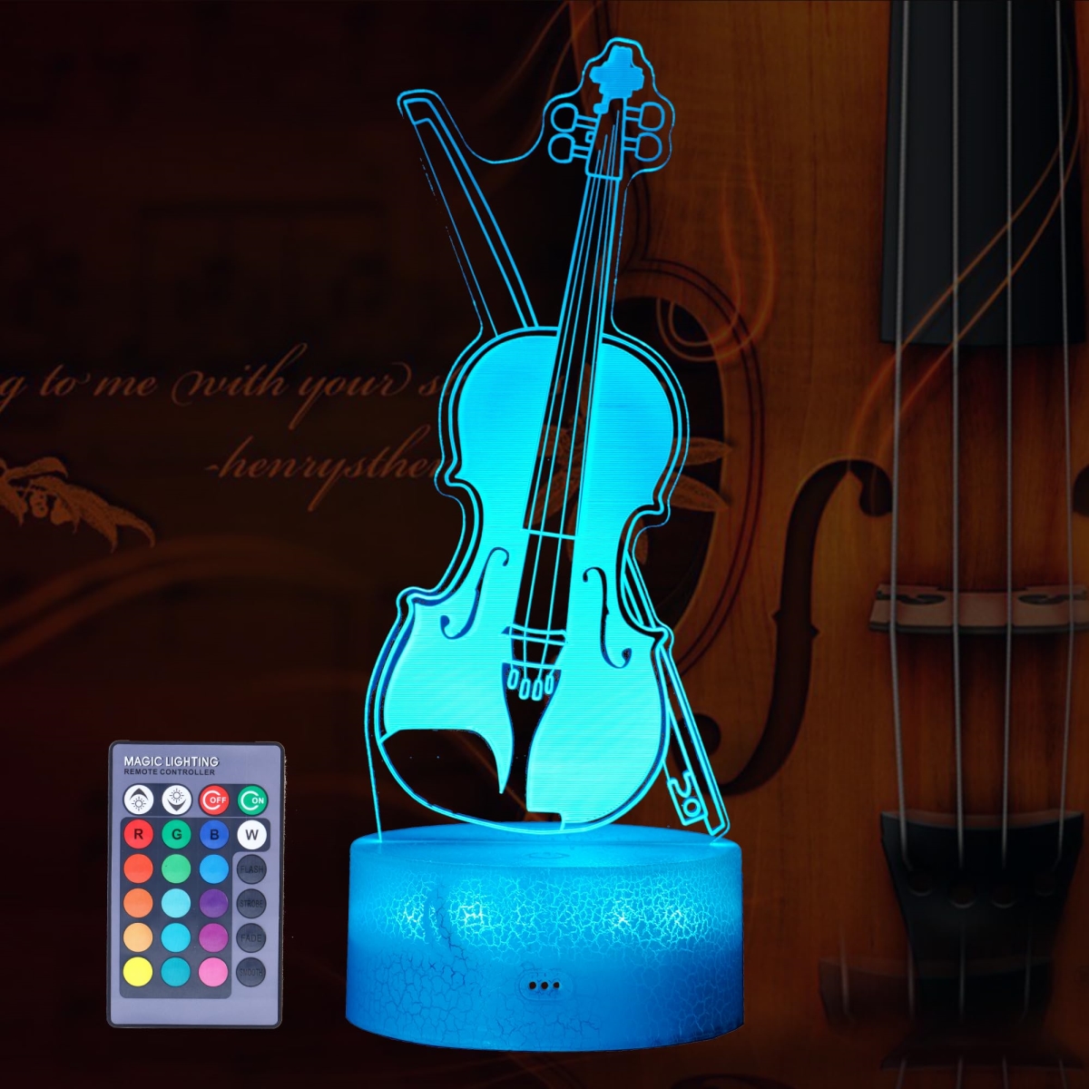 Picture of A-Sonic XS68209 Night Light - Violin Gifts - Cello 3D Illusion Lamp with 16 Colors Changing - Remote Control & Dimmable - Kids Boys Girls Room Decoration - Holiday Xmas Music Gifts