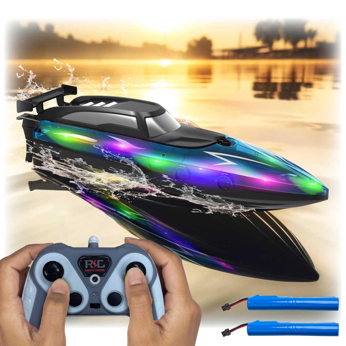 Picture of A-Sonic XS68682 Control Boat for 8-12 & Up with LED Lights for Pool & Lake - Remote Controlled Watercraft - RC Boats for Kids 8-12 - 2.4 GHZ - Electric Rechargeable Battery - Blue