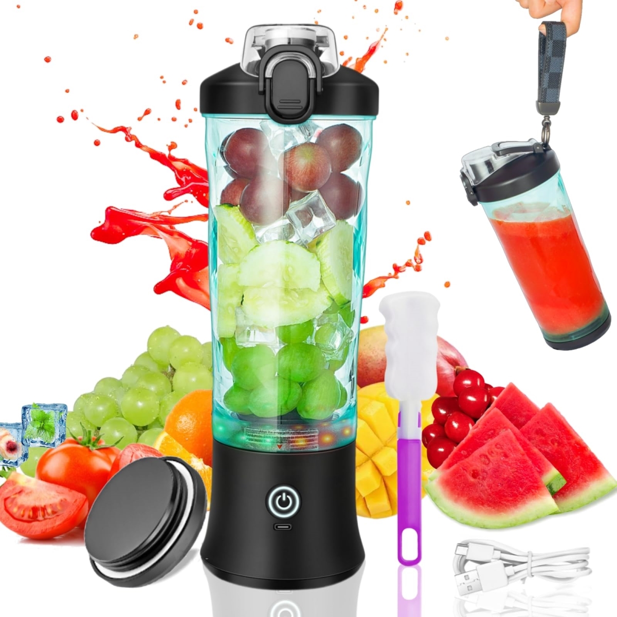 Picture of A-Sonic XS68756 20 oz Powerful Shakes & Smoothies USB Rechargeable Personal Blender - Efficient Safe on The Go Blenders Fruit Juicer Cup Kitchen Gym Baby Food Office Sport Travel - Black