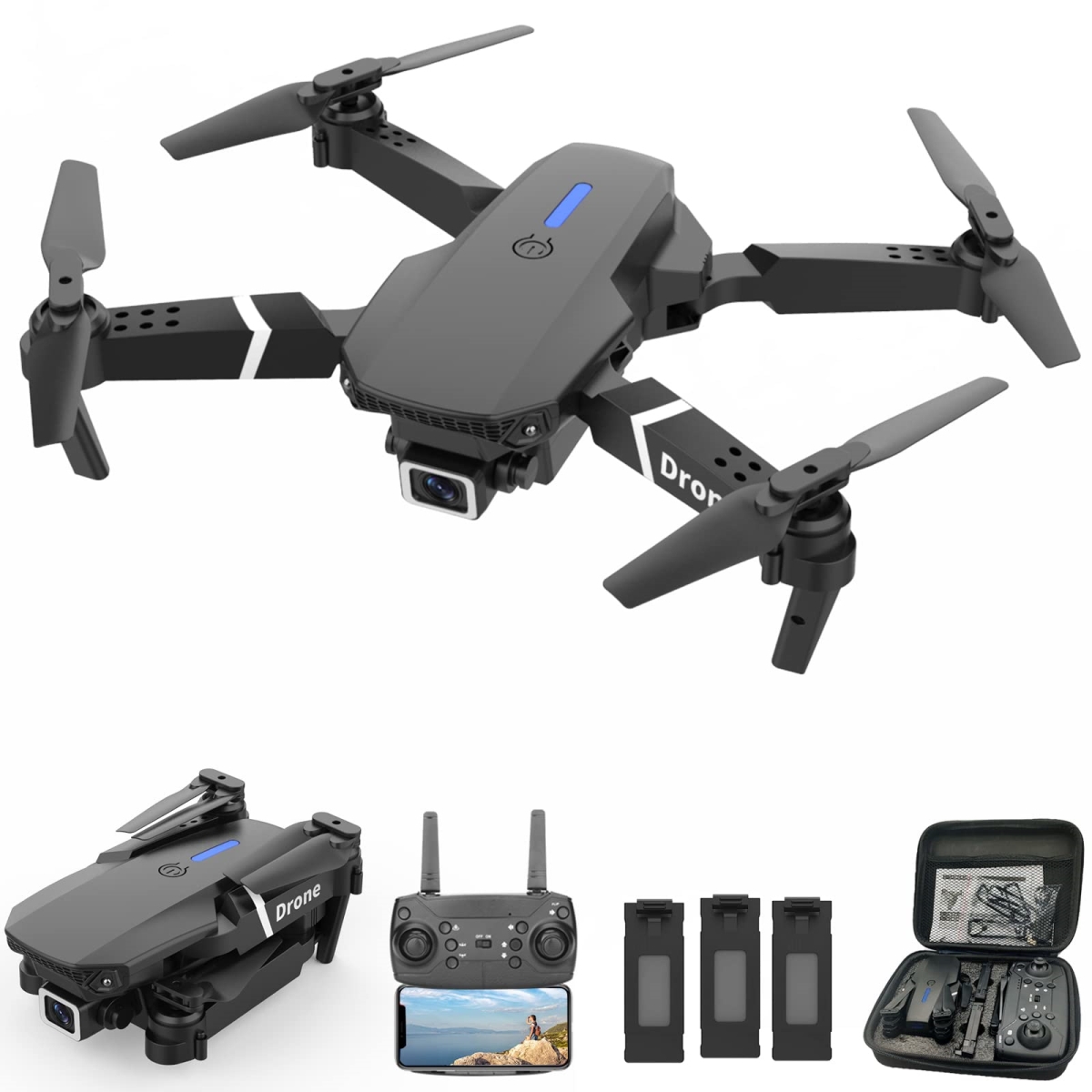 Picture of A-Sonic XS68833 Drones with Dual Camera for Adults - Foldable RC Quadcopter for Beginners - Toys Drone - 1080P FPV Video - 3 Batteries - One Key Start - Headless Mode - Waypoints Fly - 360 deg Flips