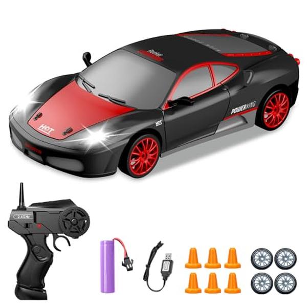 2.4Ghz 1-24 Scale 4WD Sport Racing Rechargeable High Speed Remote Control Drifting Car for Boys Girls Vehicle Racing Hobby with LED Light - Black