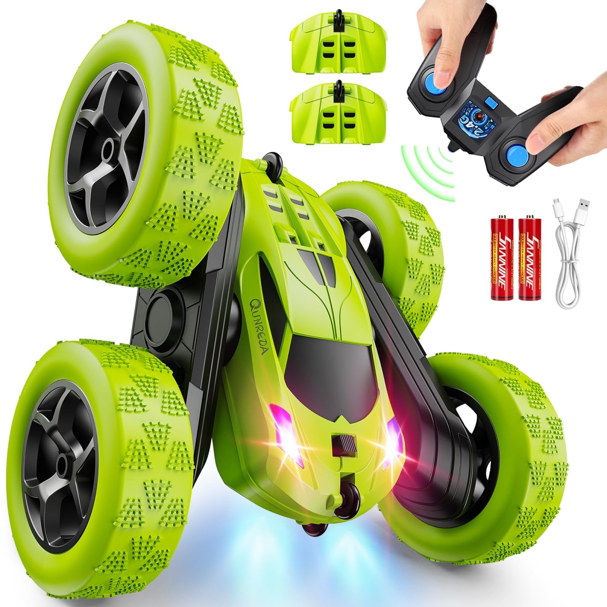 Picture of A-Sonic XS69465 Control Car for Kids Ages 6 Plus - RC Cars Stunt Car Toy 4WD Double Sided 360 deg Rotating Remote Control with Headlights - Birthday Xmas Gifts for Boys 6 7 8 9 10 11 12&#44; Green
