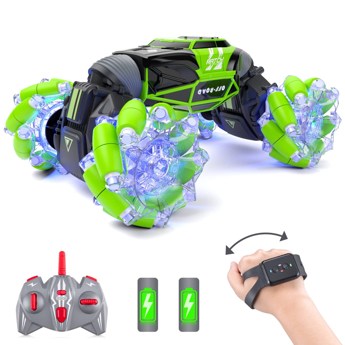 Picture of A-Sonic XS69566 LED 4WD Transform Remote Control Gesture Sensing Car - Double Sided 360 deg Rotating Off Road Stunt Car with Lights - Toy Car for 6-12 Year Old Boys & Girls