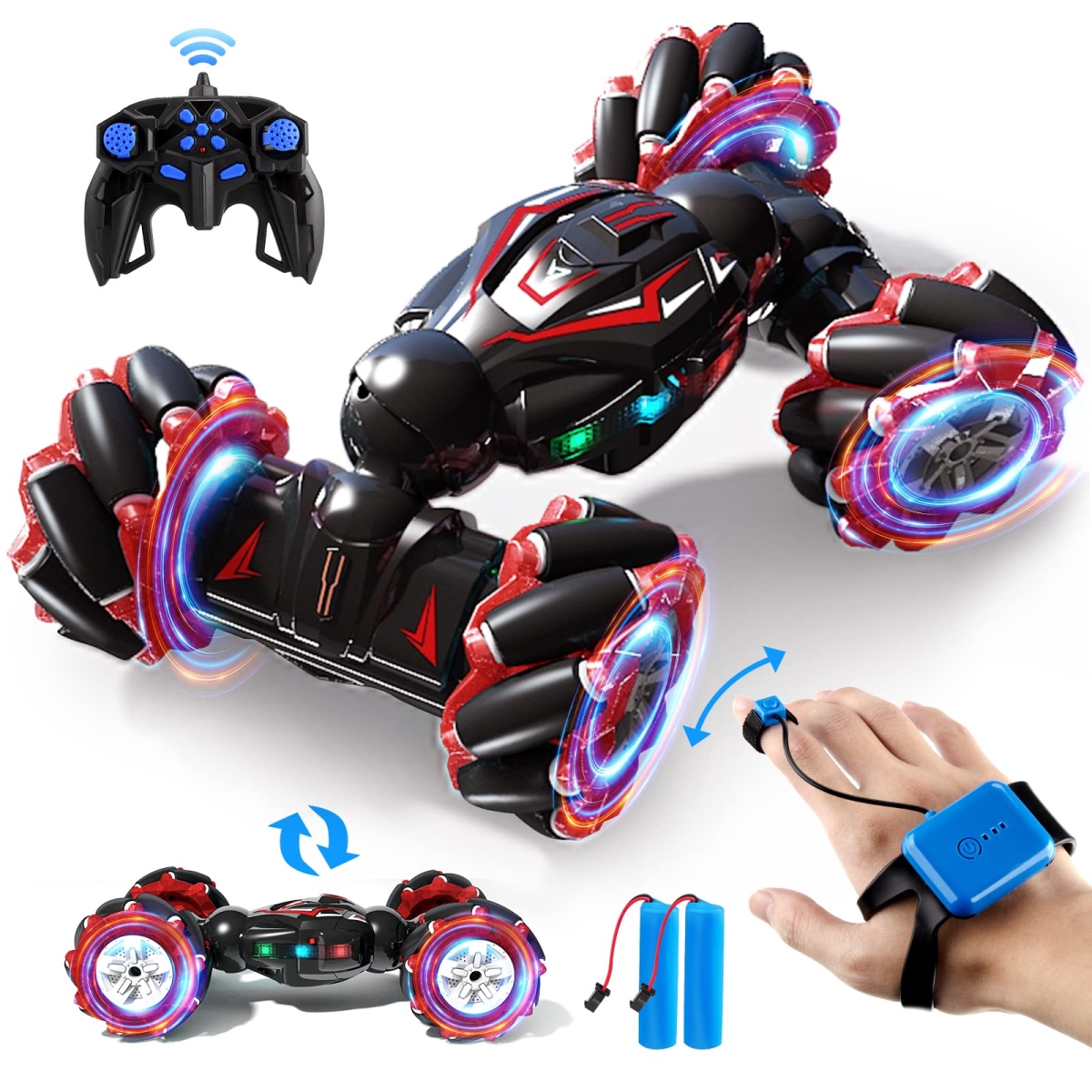 Picture of A-Sonic XS70219 Red RC Stunt Car - 2.4GHz 4WD Remote Control Gesture Sensor Toy Cars - Double Sided Rotating Off Road Vehicle 360 deg Flips with Lights Music - Toy Cars for Boys & Girls Birthday
