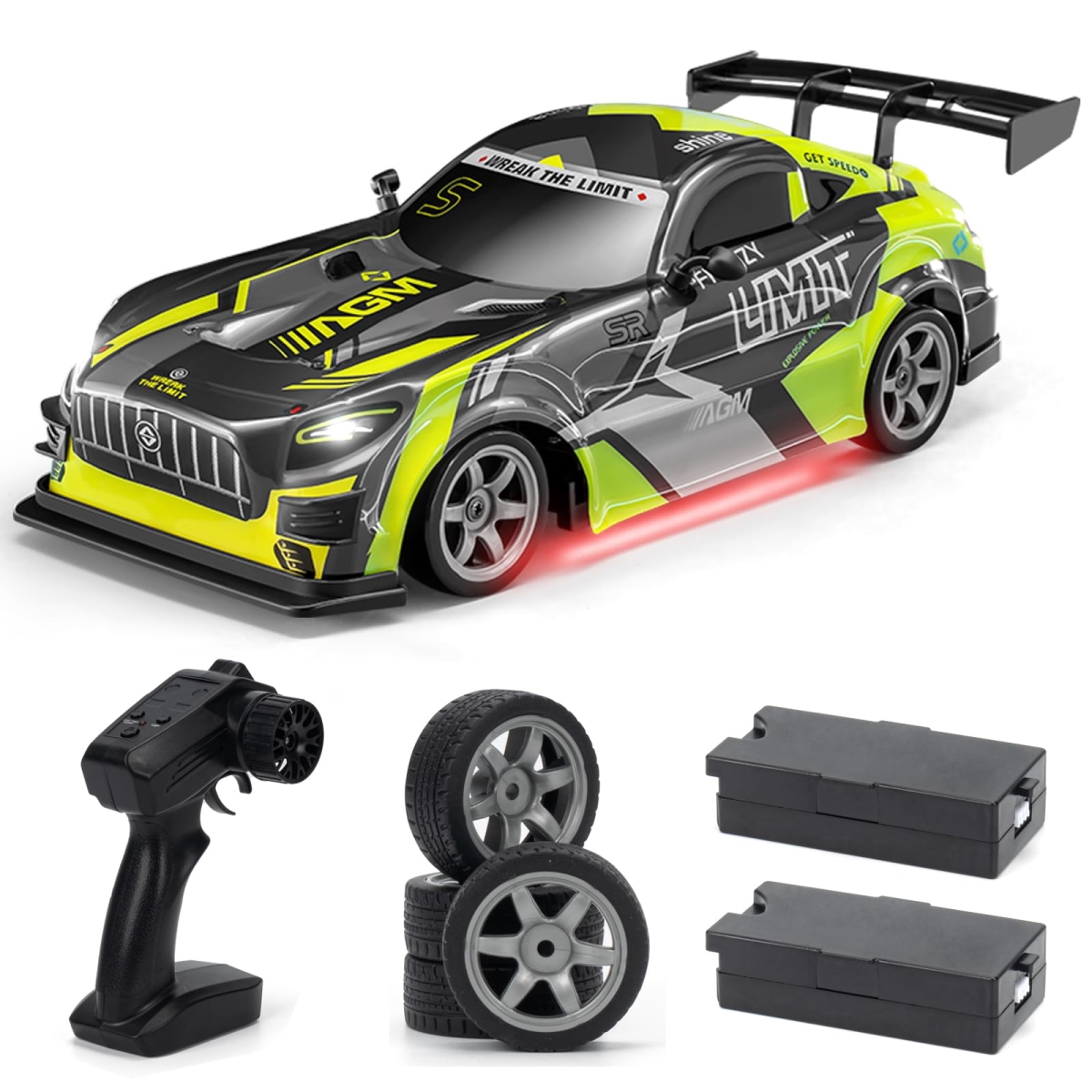 Picture of A-Sonic XS70587 1-16 Scale 25km-h4WD High Speed Remote Control Drifting Cars for Kids with LED Lights - Two Batteries - Extra Tires - Drifting RC Cars for Adults - Green