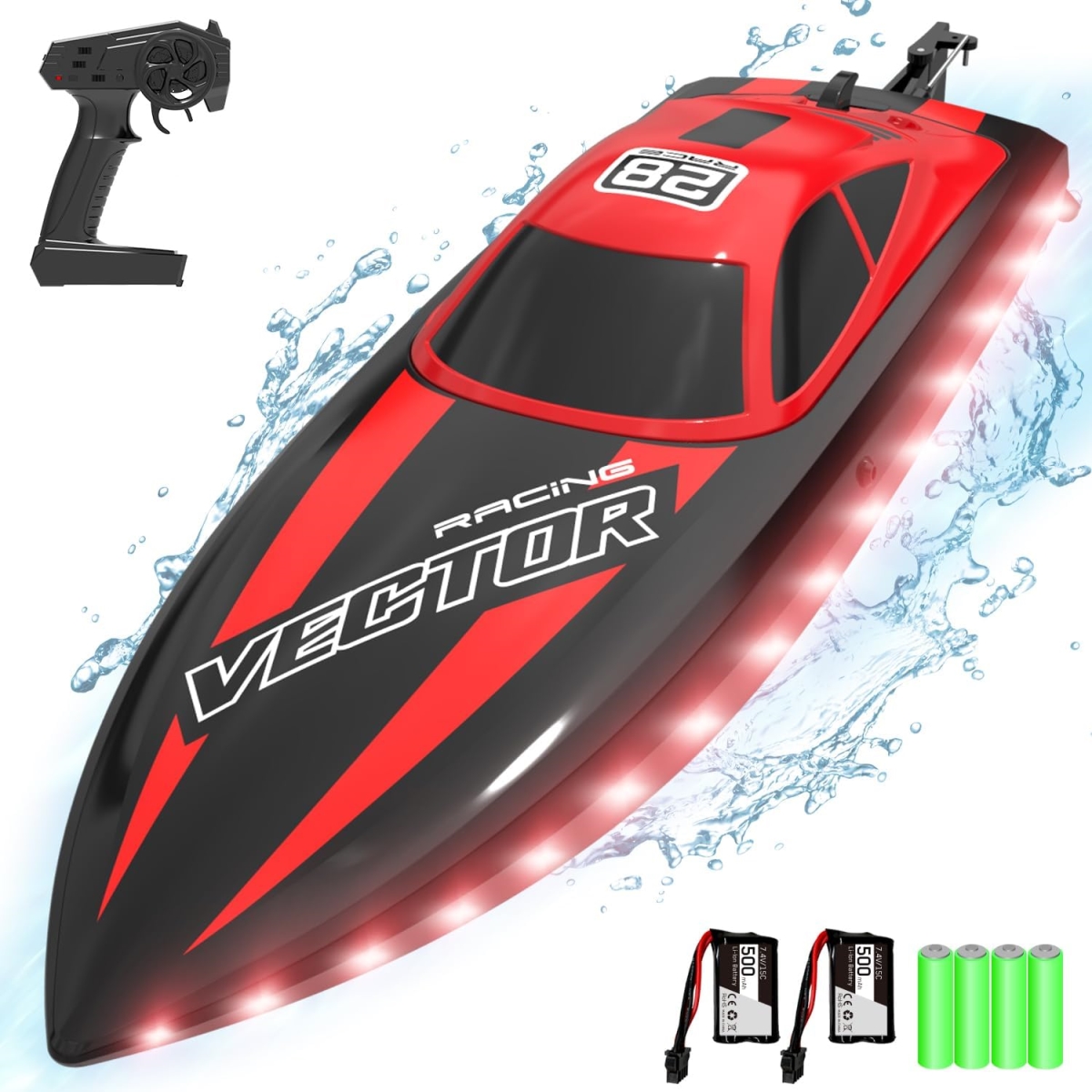XS70689 20MPH Fast Remote Control Boat for Adults 2.4Ghz Toy Boat for Pools & Lake with 2 Rechargeable Batteries Toys Gifts for Boys Girls - Red