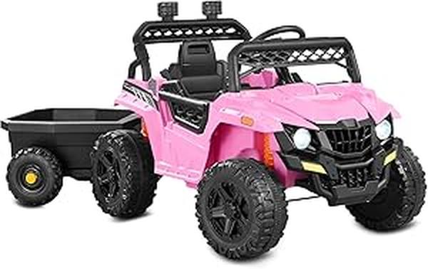 XS-72708 Choice Products Kids 12V Electric Ride-On UTV Car & Trailer with Parent Control - LED Lights - 2 Speeds - Bluetooth - Pink