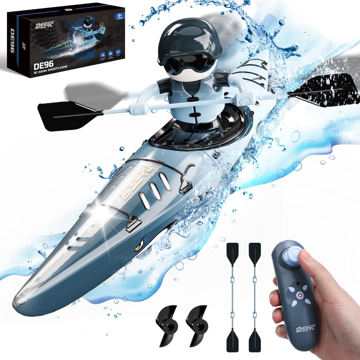 Picture of A-Sonic XS68039 RC Kayak Boat for Kids - 2.4 Ghz Remote Control Shark Boat Toys with LED Light for Pools - Lake - Bathtub - Swimming Never Capsize Summer Outdoor Water Toys Gift&#44; Blue