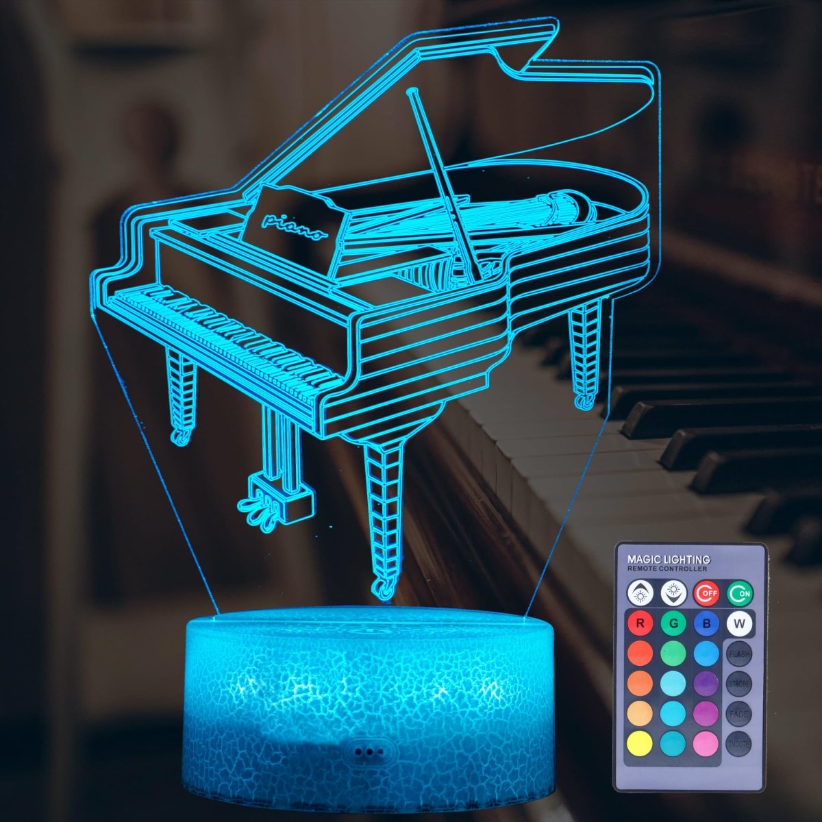 Picture of A-Sonic XS68102 Night Light - Instrument Gifts - Piano 3D Illusion Lamp with 16 Colors Changing - Remote Control & Dimmable - Kids Boys Girls Room Decoration - Holiday Xmas Music Gifts